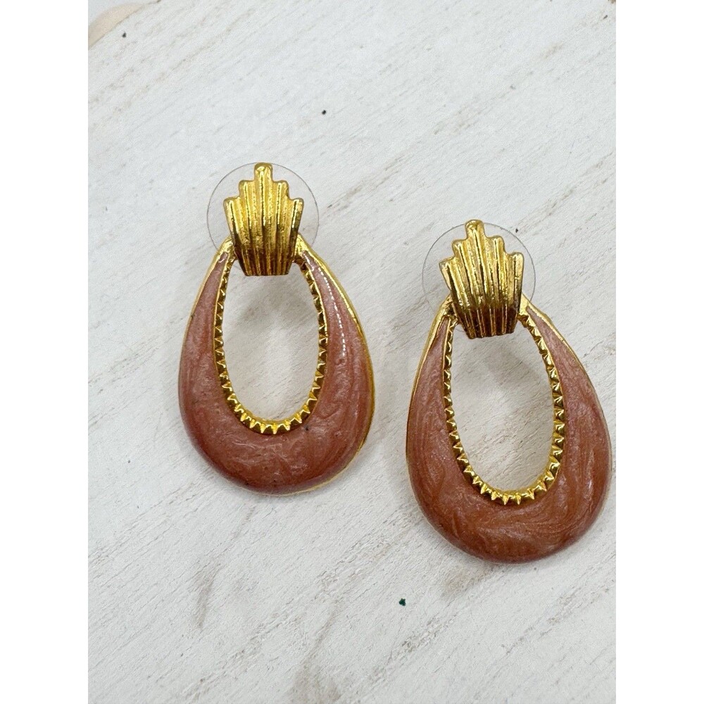 Vintage Swirled Enamel Art Deco Door Knocker Earrings Gold Tone Pierced